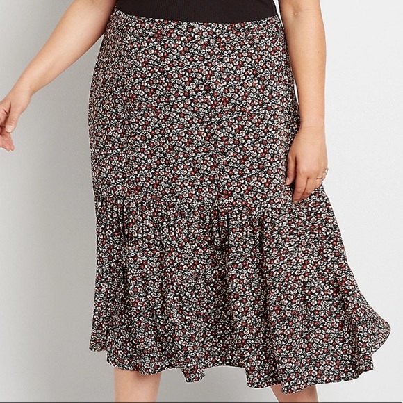 Maurices Ditsy Floral High Rise Ruffle Tiered Pull On Midi Skirt Flowy Textured - Picture 5 of 16